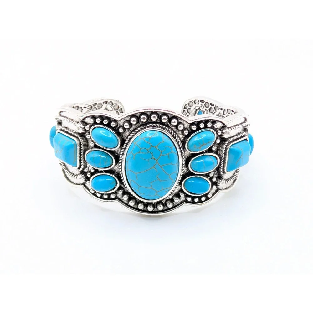 Boho Turquoise Style Cuff Bracelet Silver Tone Southwestern Statement Bangle